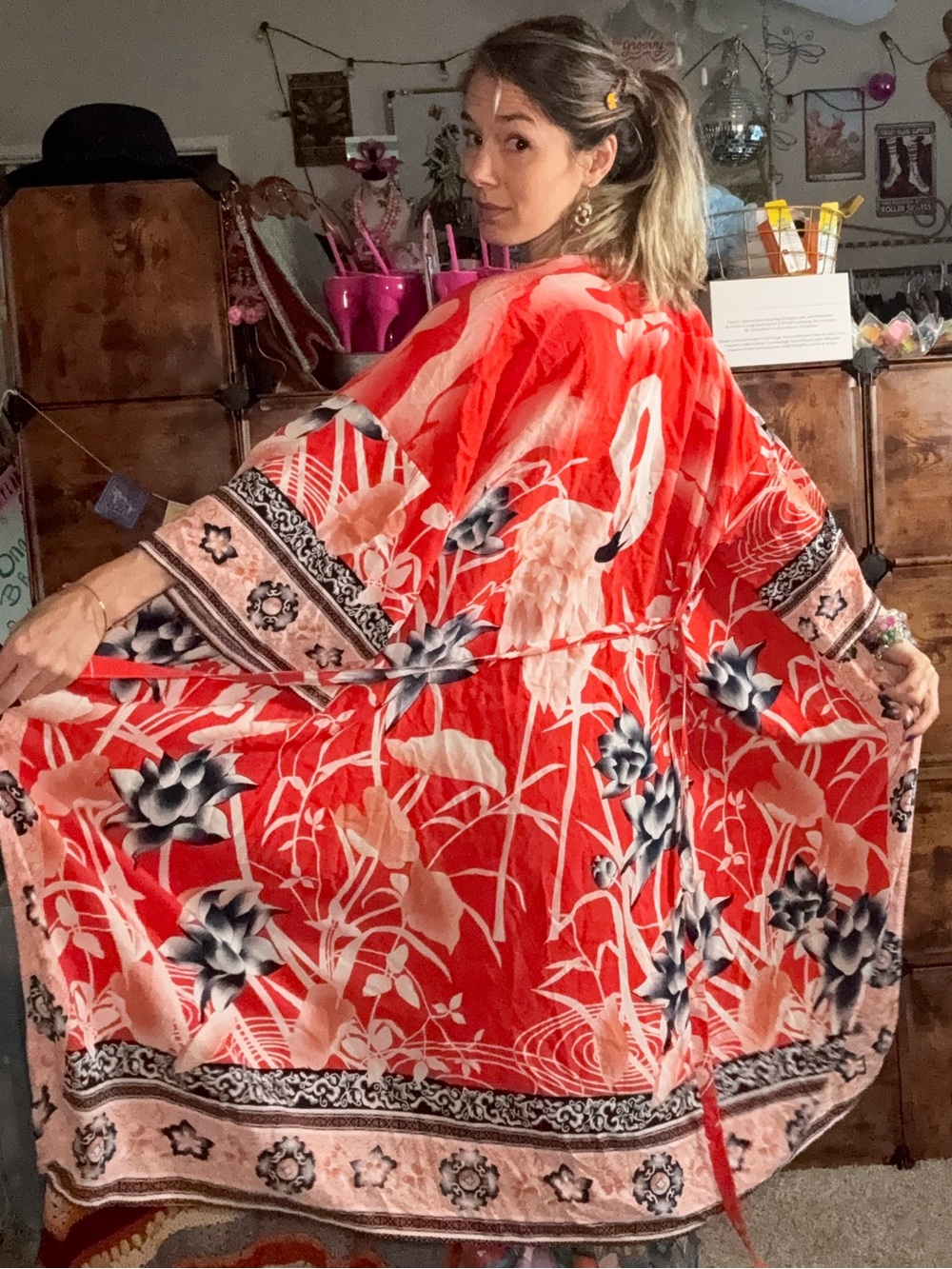 Vibrant Red Floral Satin Kimono Wrap flamingo on back- Women Intimates & Sleep
